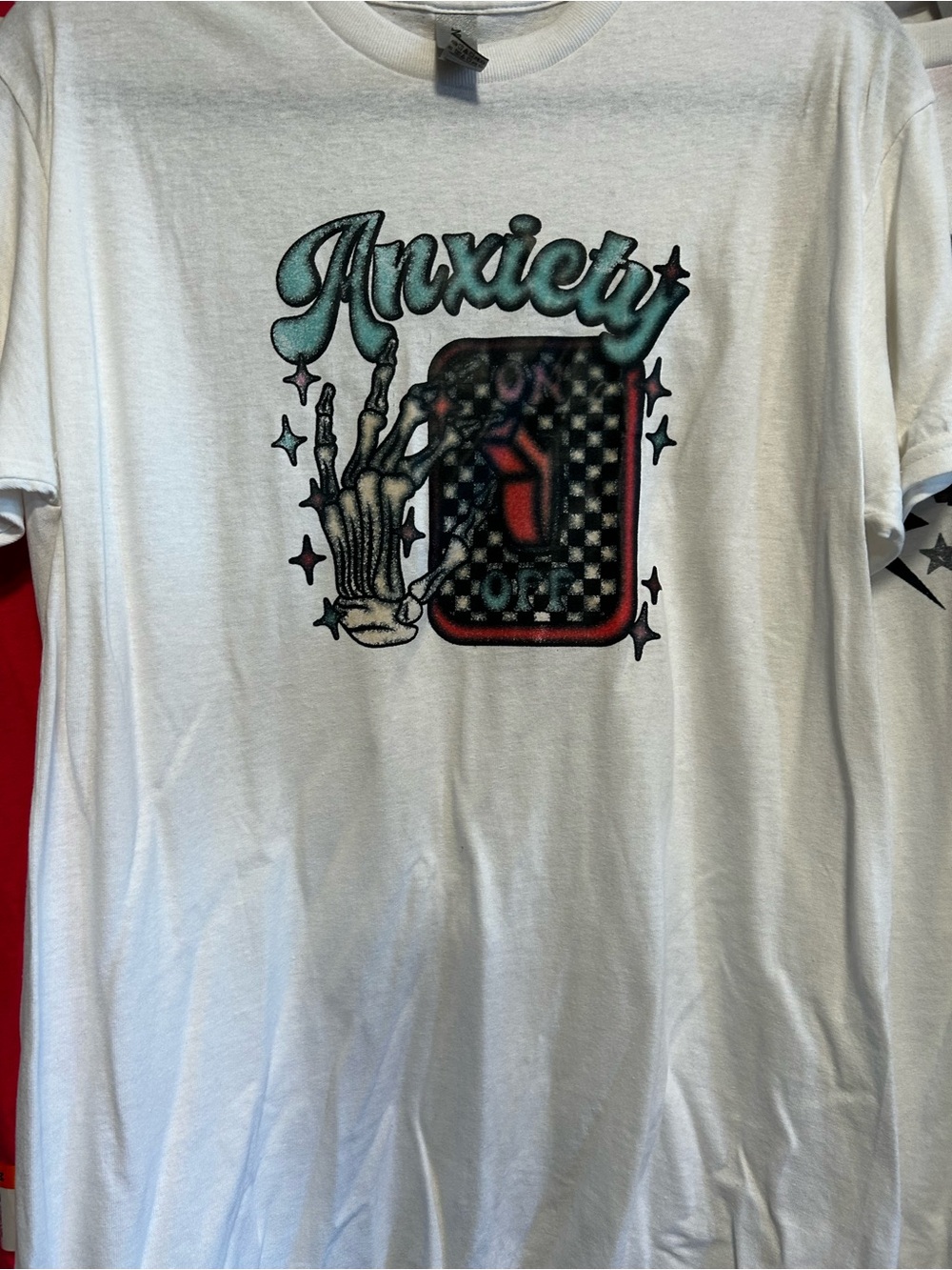 Gildan White Short-Sleeve Tee with Teal 'Anxiety' Graphic and Red Accents